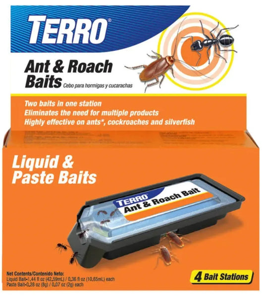 TERRO ant and roach bait packaging with images of ants and a cockroach on an orange background.