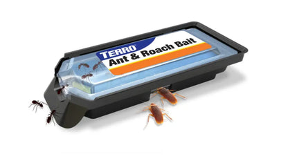 Terro ant and roach bait station with illustrations of ants and roaches on a white background