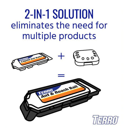 Terro ant and roach bait packaging with text indicating a 2-in-1 solution.