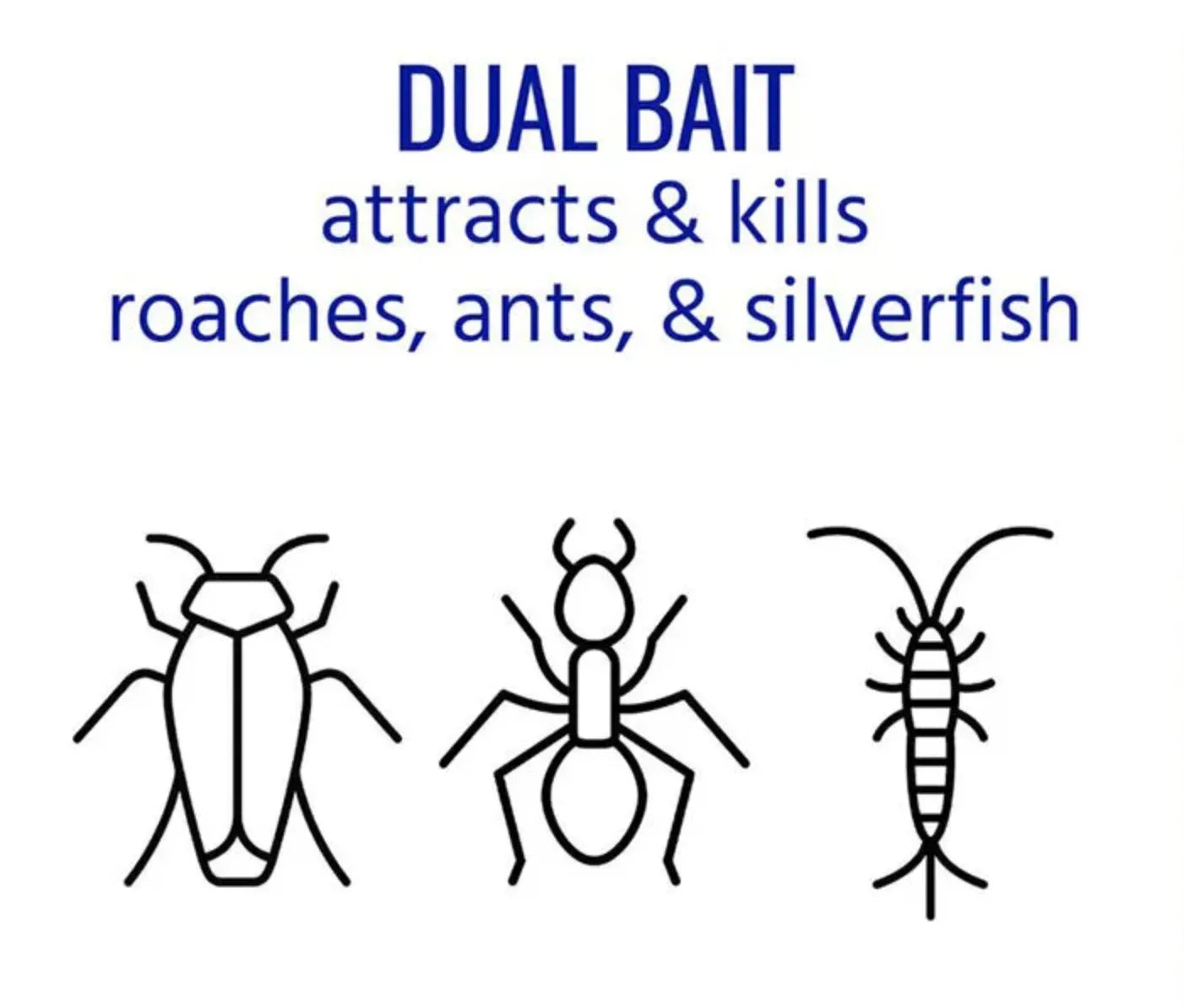 Terro dual bait product for attracting and killing roaches, ants, and silverfish with illustrations of each on a white background.
