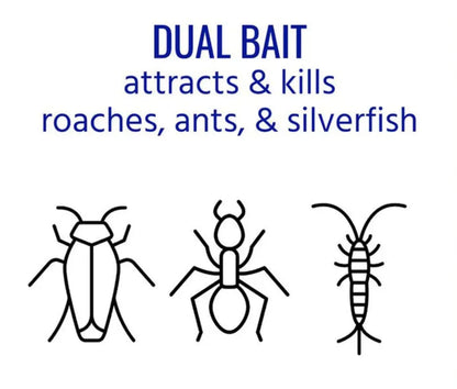 Terro dual bait product for attracting and killing roaches, ants, and silverfish with illustrations of each on a white background.