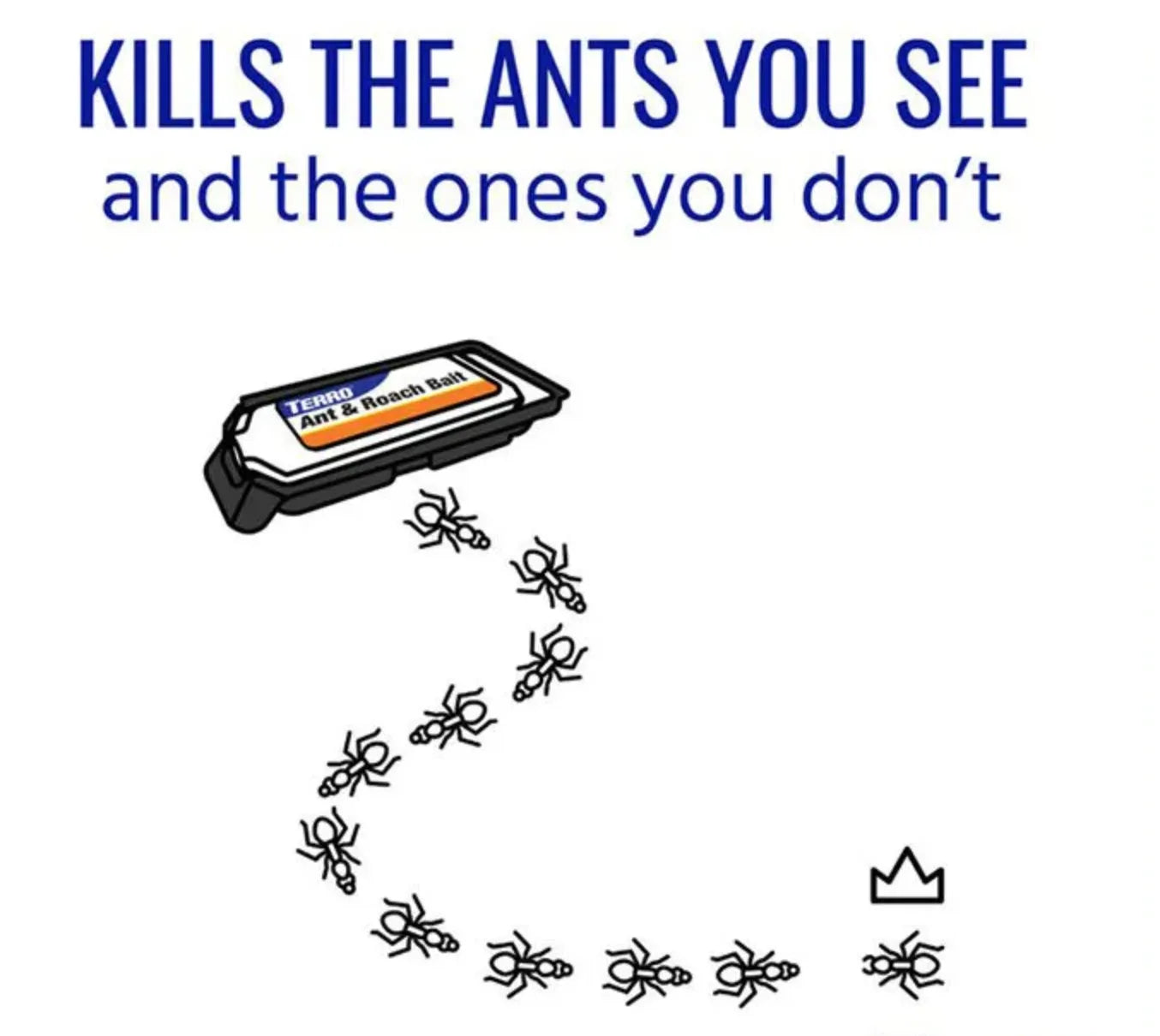 Terro Ant Bait with text 'Kills the ants you see and the ones you don't' on a white background