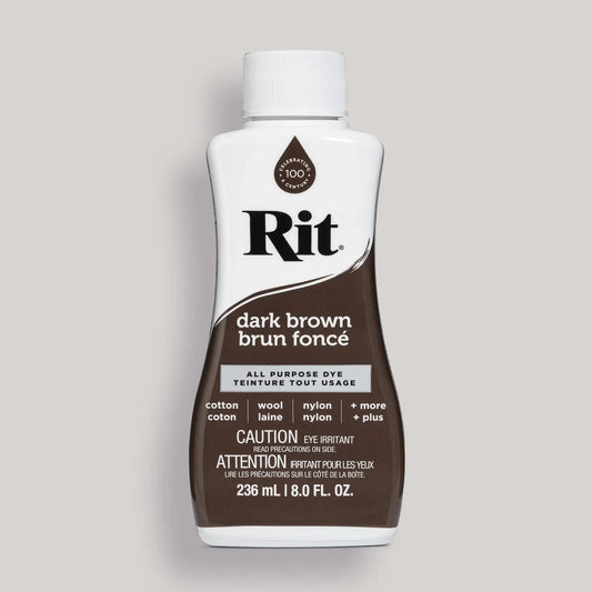 Bottle of Rit dark brown all-purpose dye on a gray background
