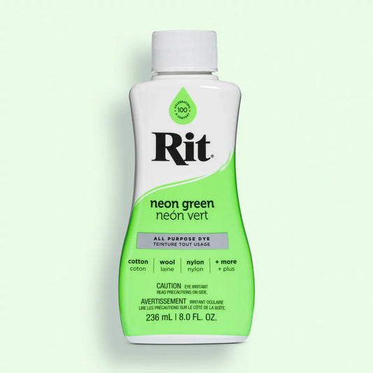 Rit all purpose dye bottle in neon green on a light green background