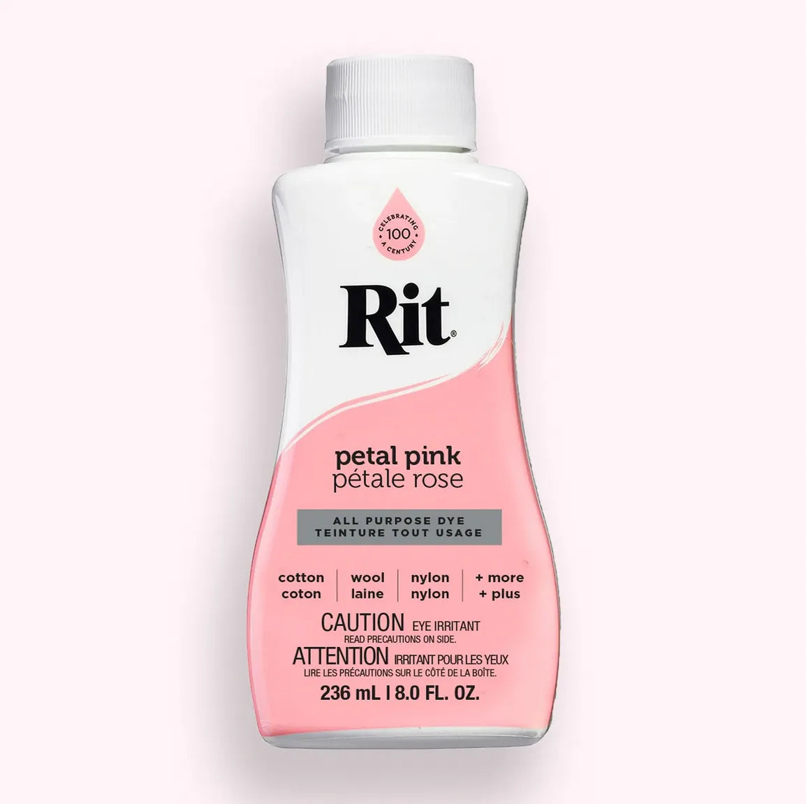 Rit all purpose dye bottle in petal pink color on a white background