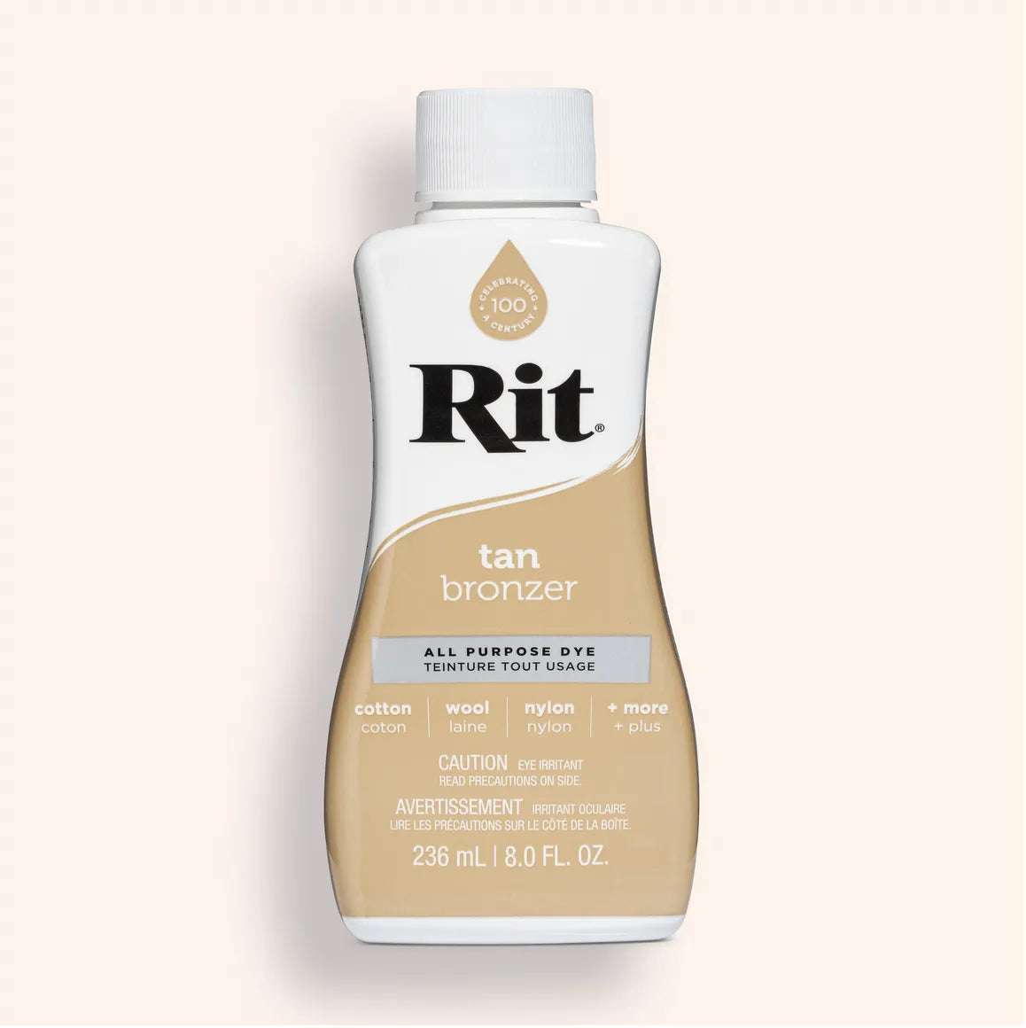 Rit tan all purpose dye bottle on a light beige background