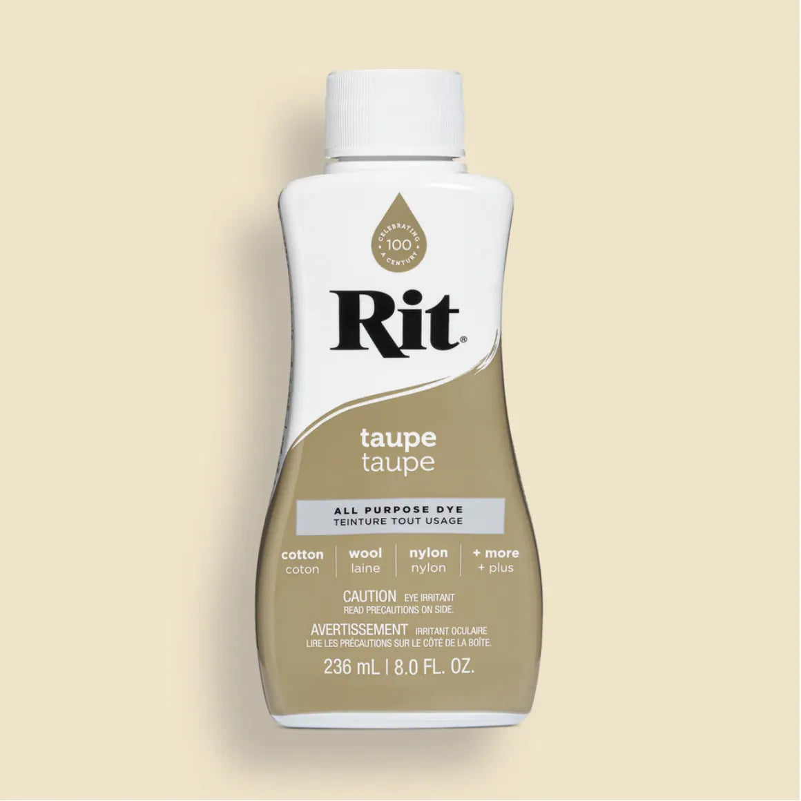 Rit dye bottle in taupe color on a beige background