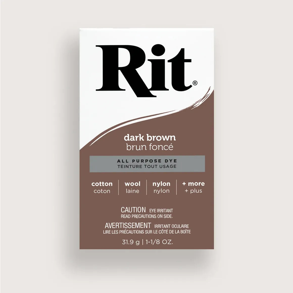 Rit dark brown all purpose dye packaging on a gray background