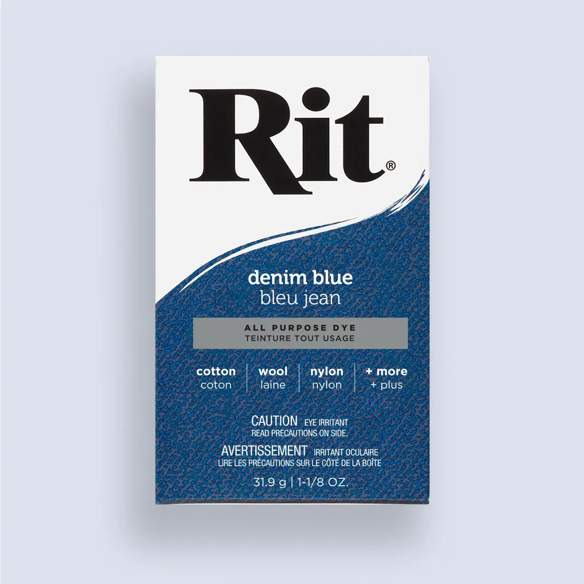 Rit denim blue dye packaging on a light gray background