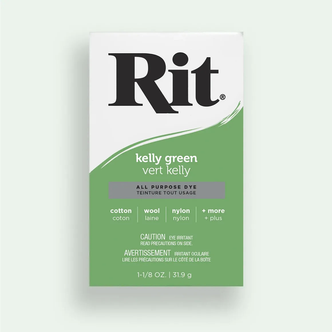 Rit dye packet in kelly green on a light gray background
