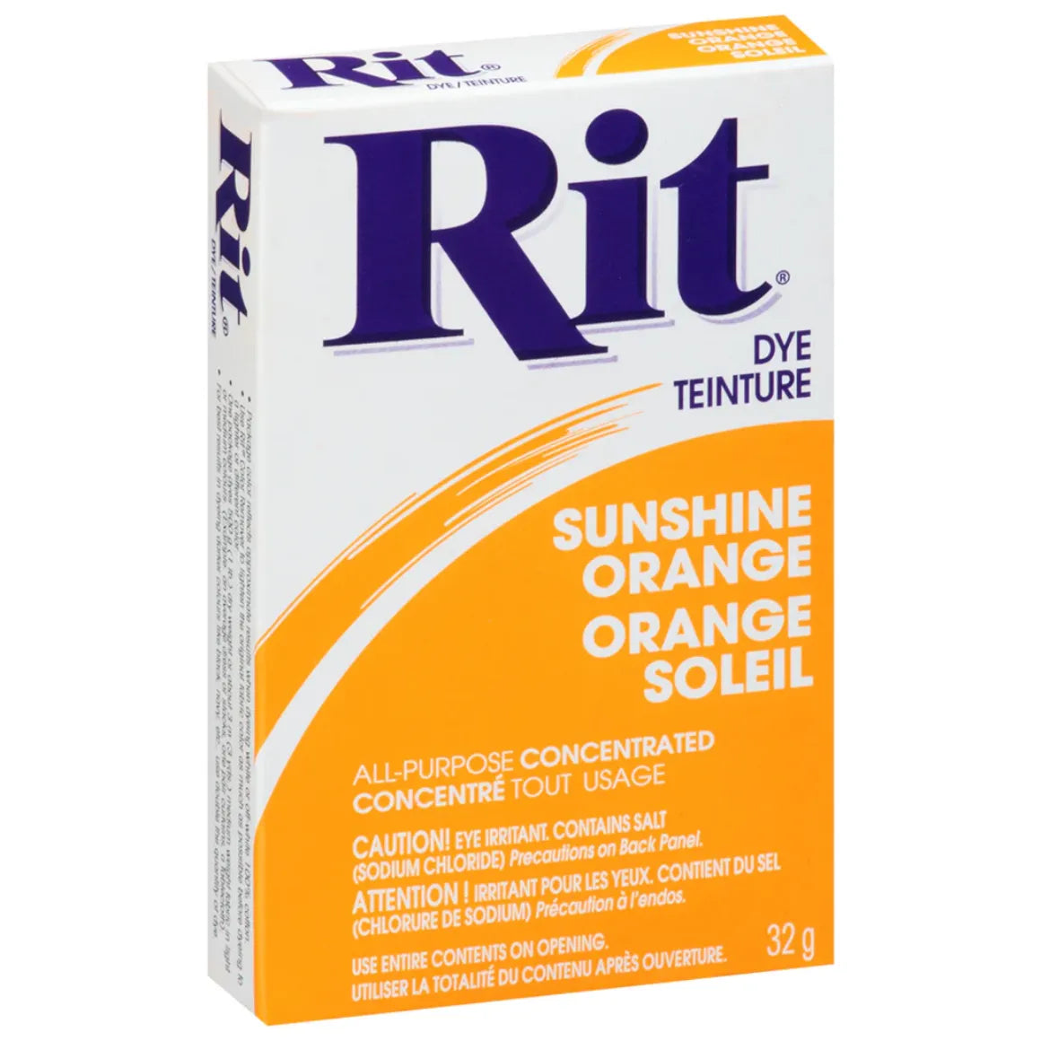 Box of Rit Dye in Sunshine Orange color on a white background