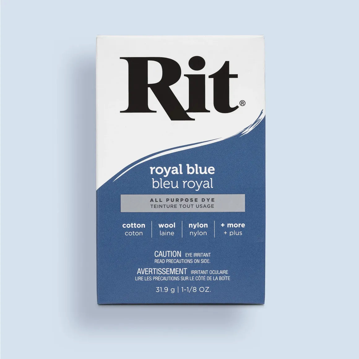 Rit royal blue all purpose powder dye on a light blue background