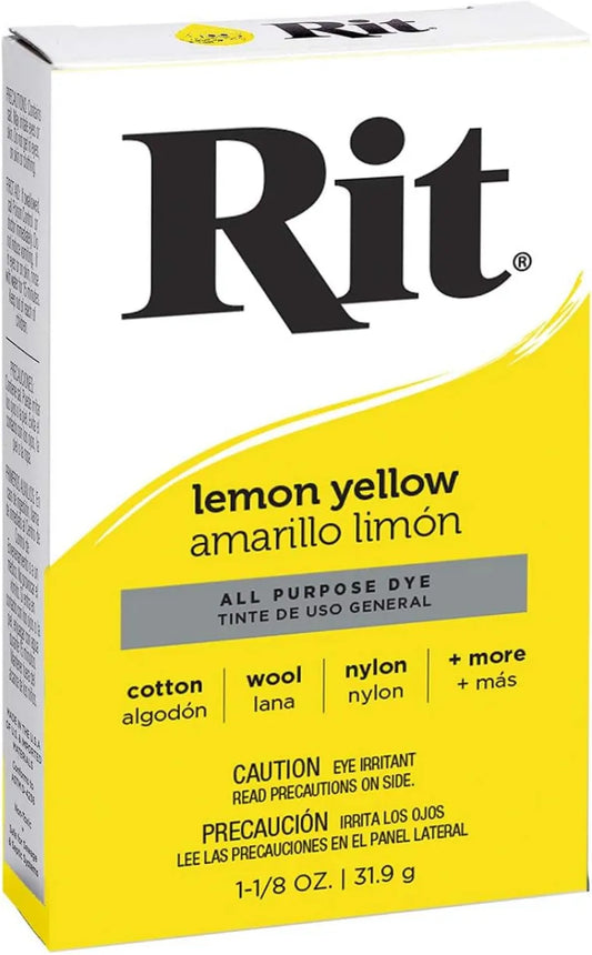 Box of Rit lemon yellow powder dye on a white background