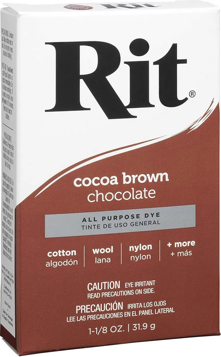 Box of Rit powder dye in cocoa brown color on a white background