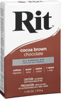 Box of Rit powder dye in cocoa brown color on a white background