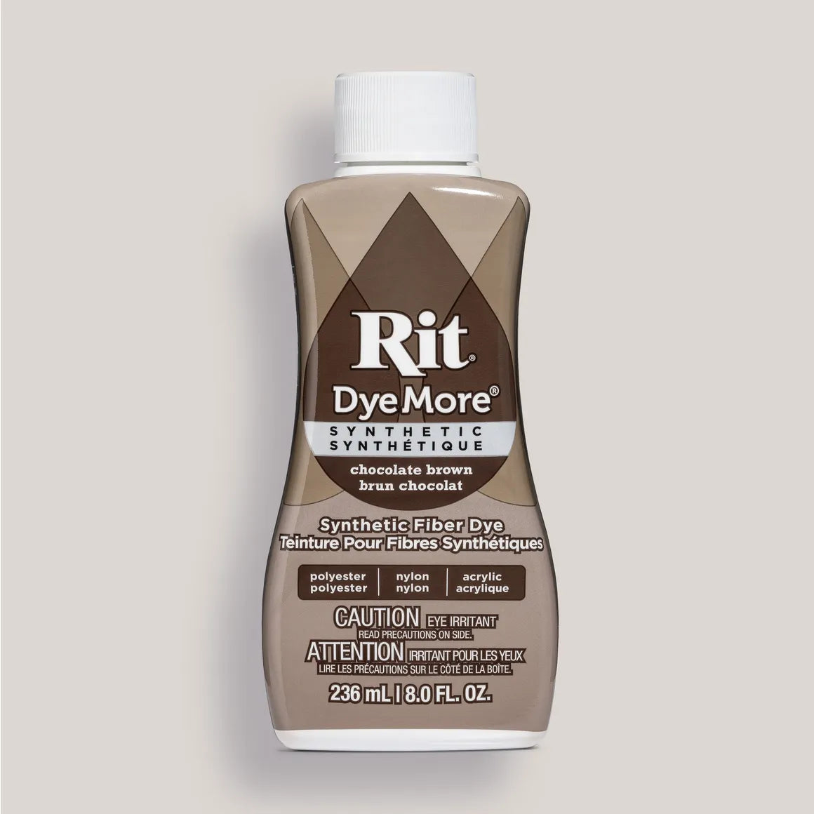Bottle of Rit DyeMore synthetic fiber dye in chocolate brown on a gray background