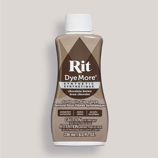 Bottle of Rit DyeMore synthetic fiber dye in chocolate brown on a gray background