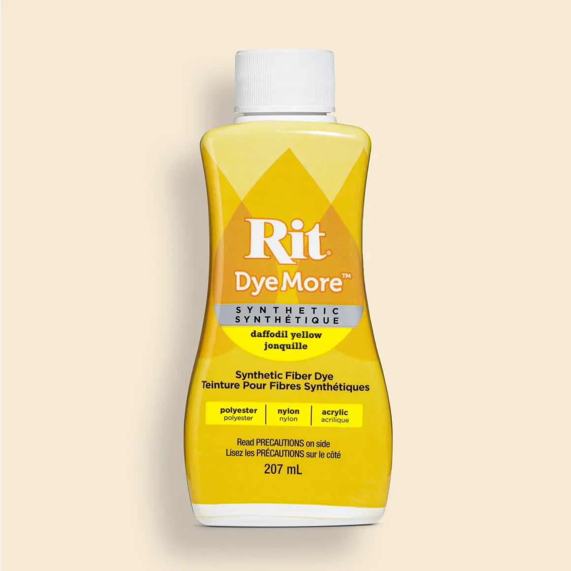 Yellow bottle of Rit DyeMore synthetic fiber dye in daffodil yellow on a beige background