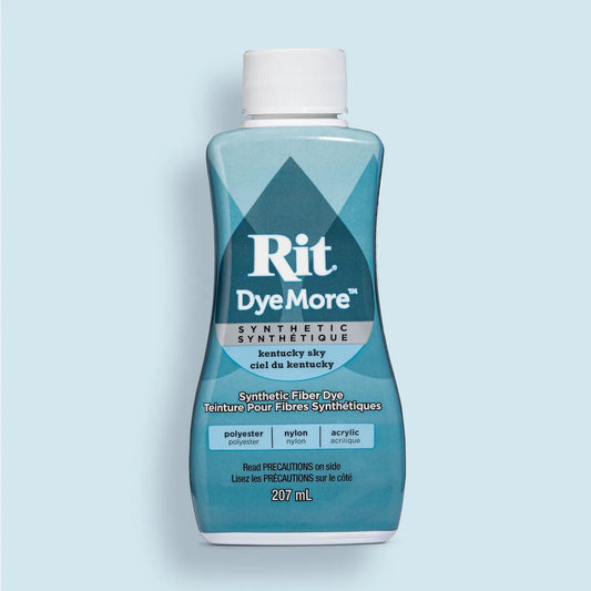 Bottle of Kentucky Sky Rit DyeMore synthetic dye on a light blue background