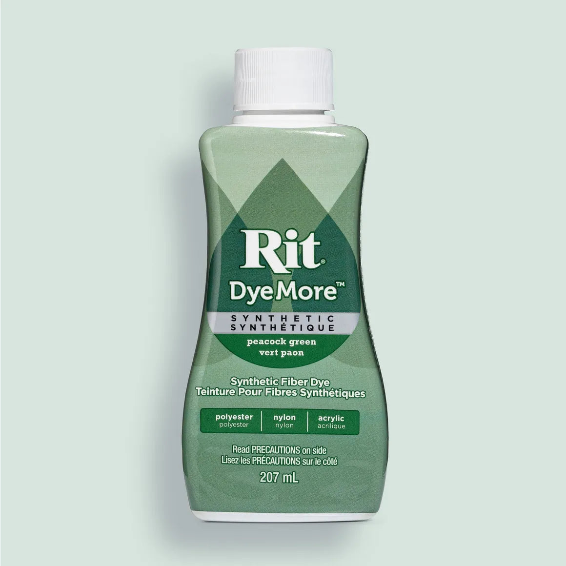 Peacock green Rit DyeMore synthetic fiber dye bottle on a light gray background