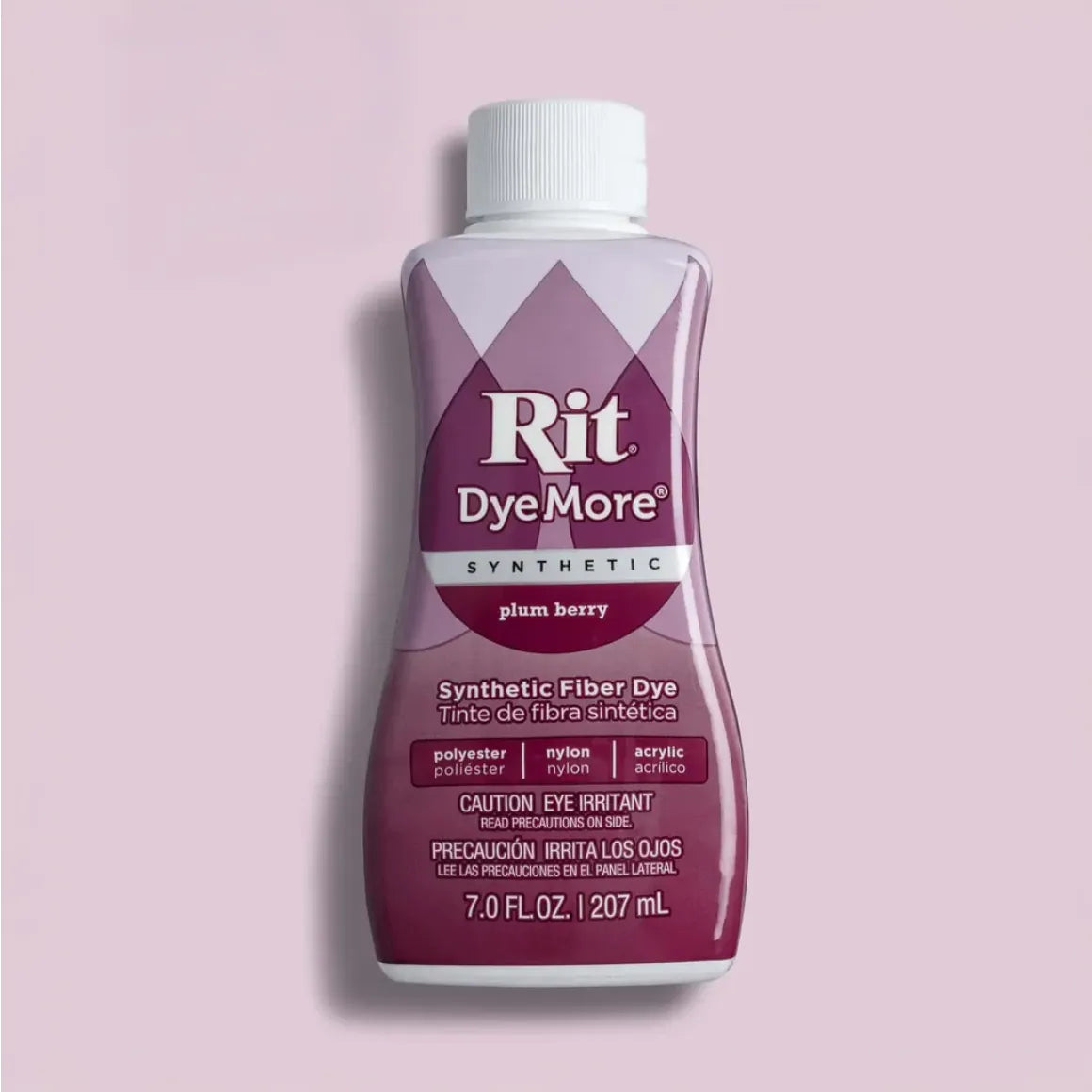 Bottle of Rit DyeMore Synthetic Fiber Dye in Plum Berry on a pink background