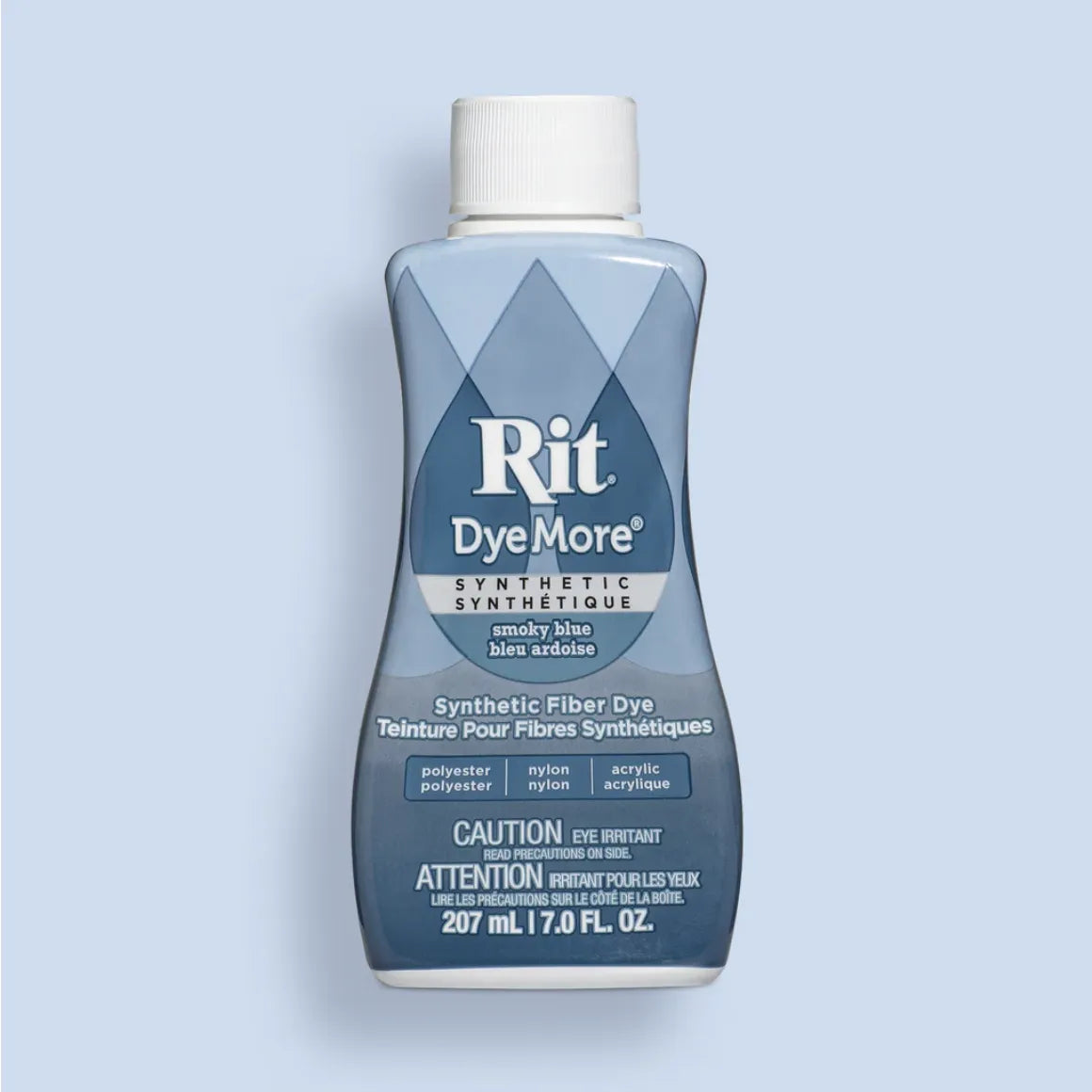 Smoky Blye Rit DyeMore synthetic fiber dye bottle on a light blue background