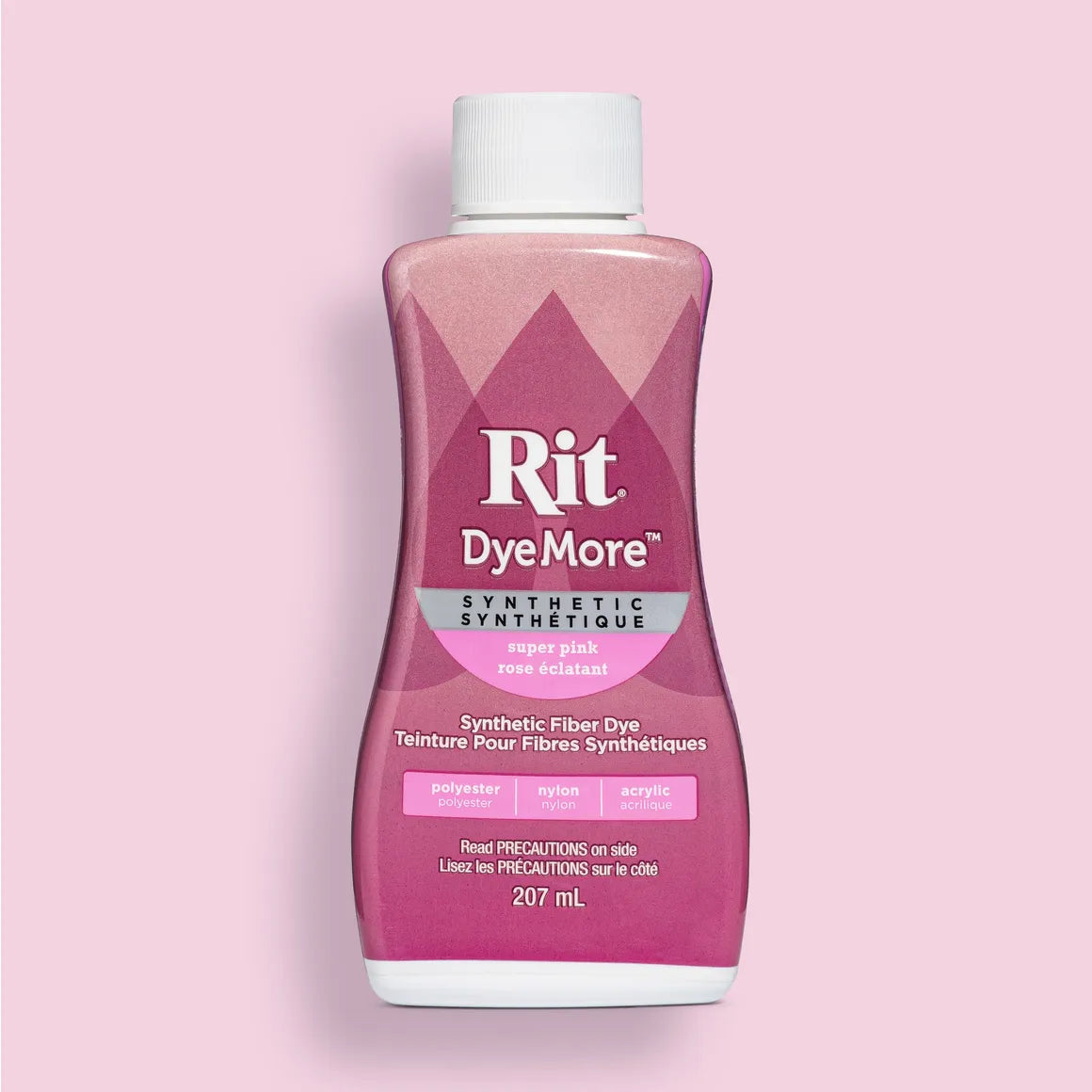Bottle of Super Pink Rit DyeMore synthetic fiber dye on a pink background