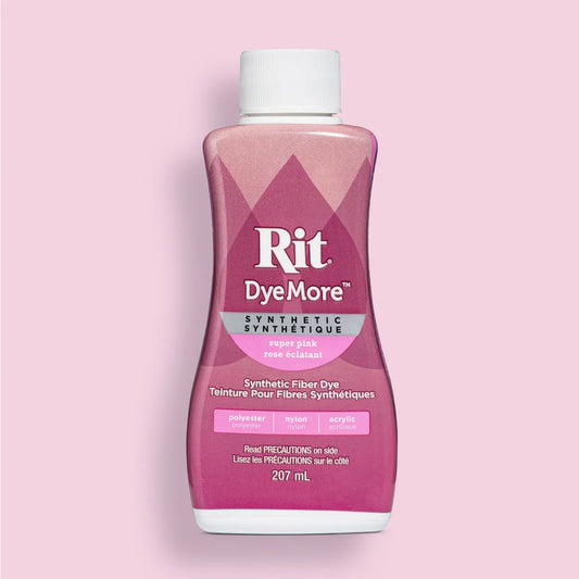 Bottle of Super Pink Rit DyeMore synthetic fiber dye on a pink background