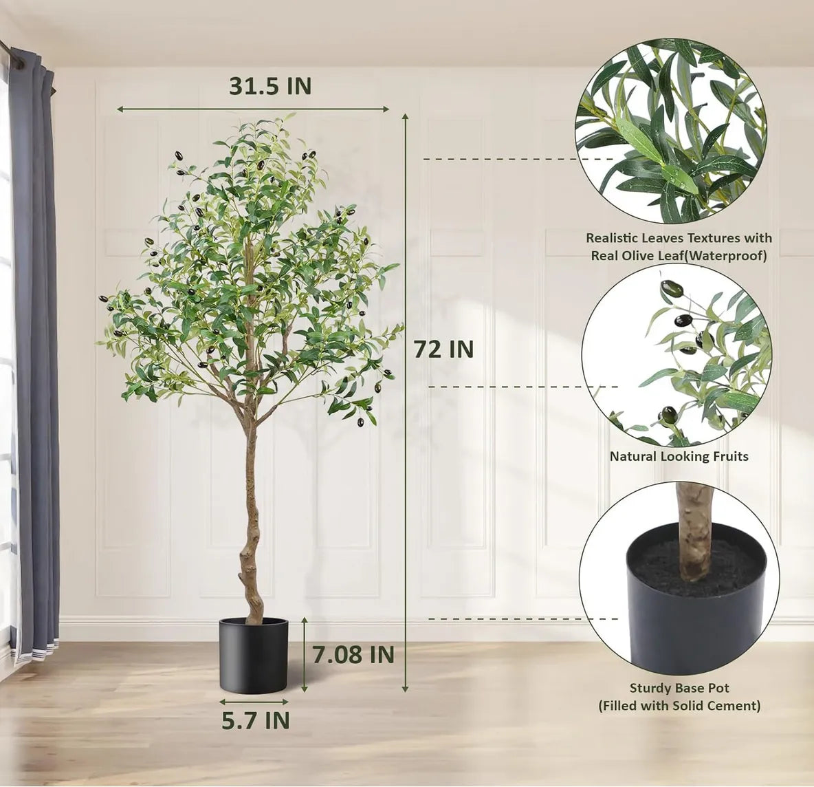 Artificial olive tree with measurements and details on a neutral background