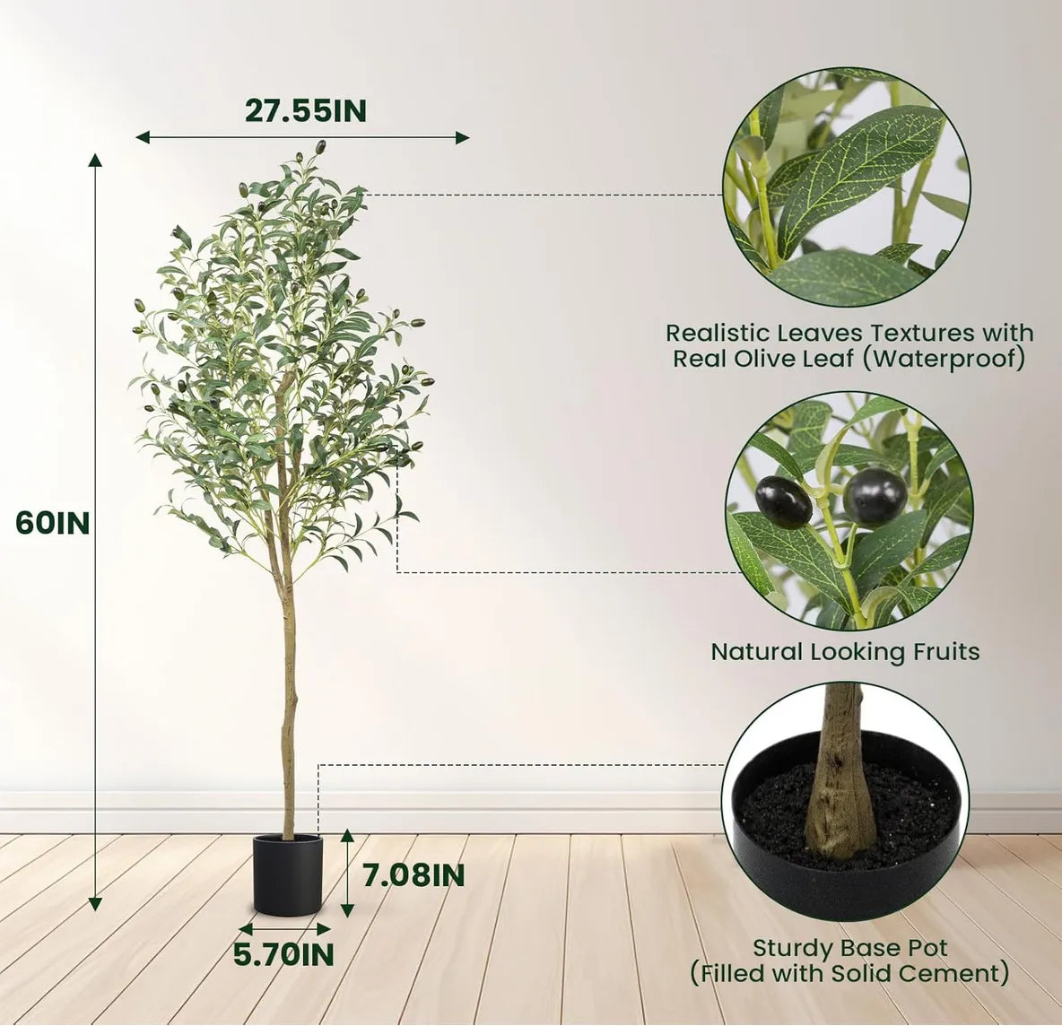 Artificial olive tree with measurements and details on a white background